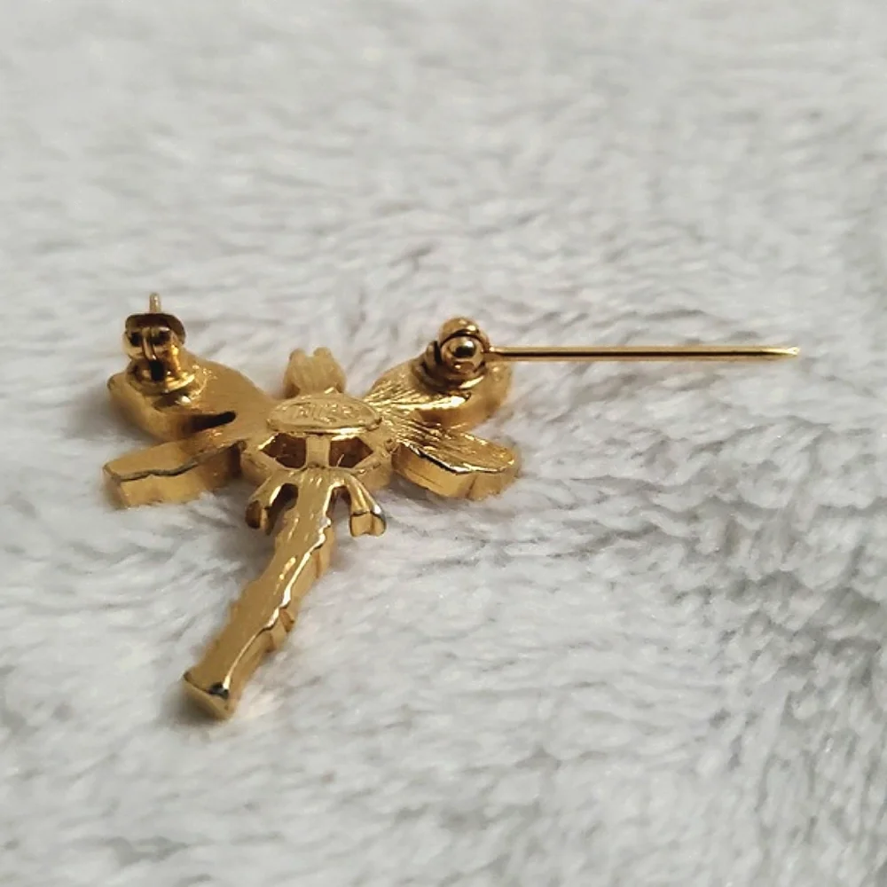 Vintage Trifari Gold Tone and Enamel Dragonfly Pin Brooch Signed